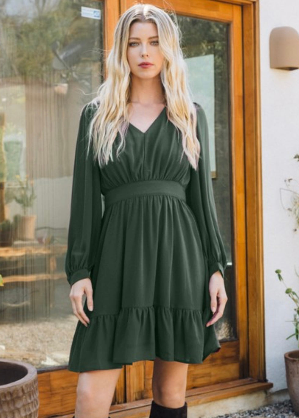 She Said Yes V-Neck Mini Dress With Balloon Sleeve (Olive Green)