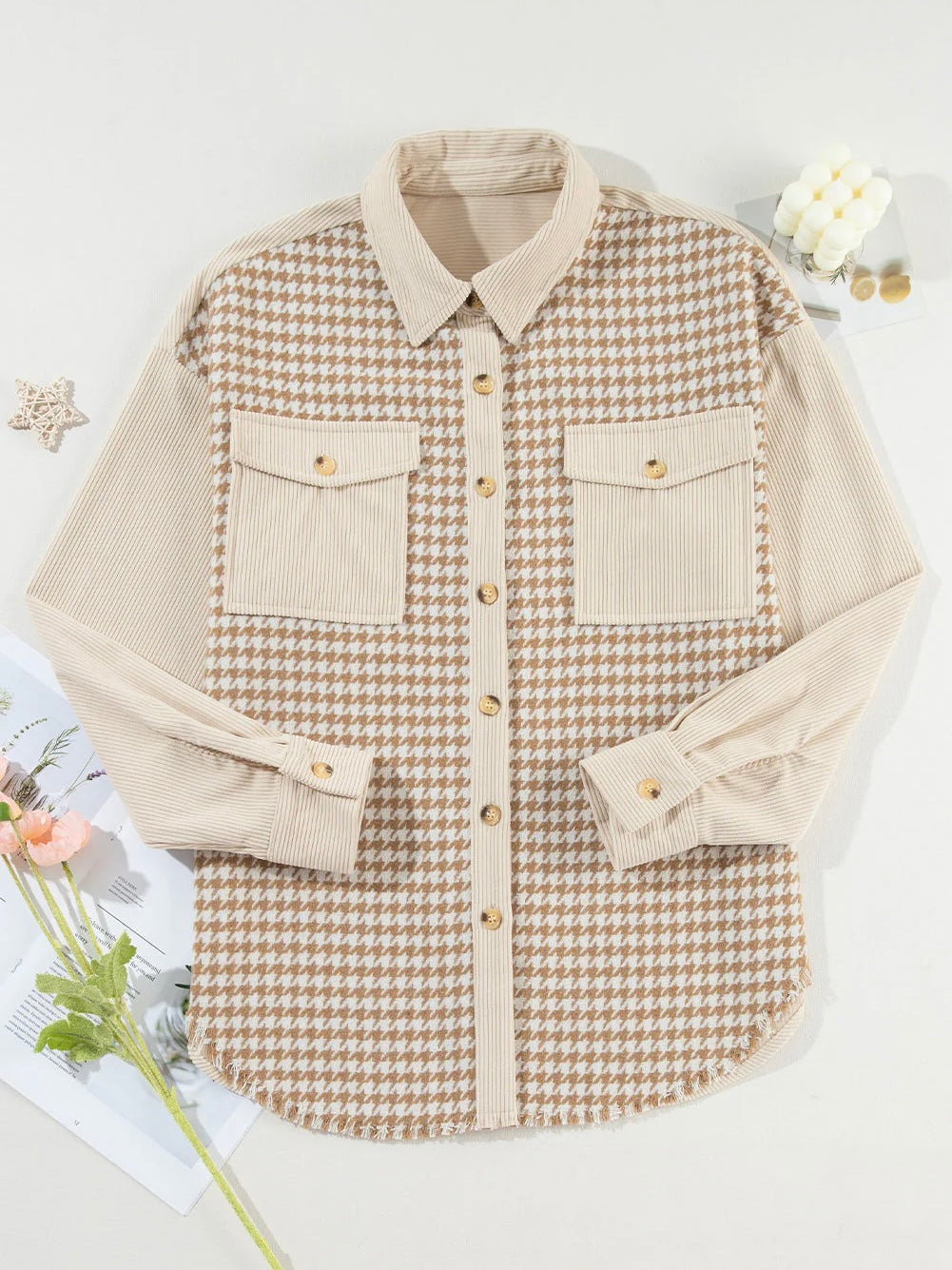 Houndstooth Haven Patchwork Corduroy Shacket (Cream)