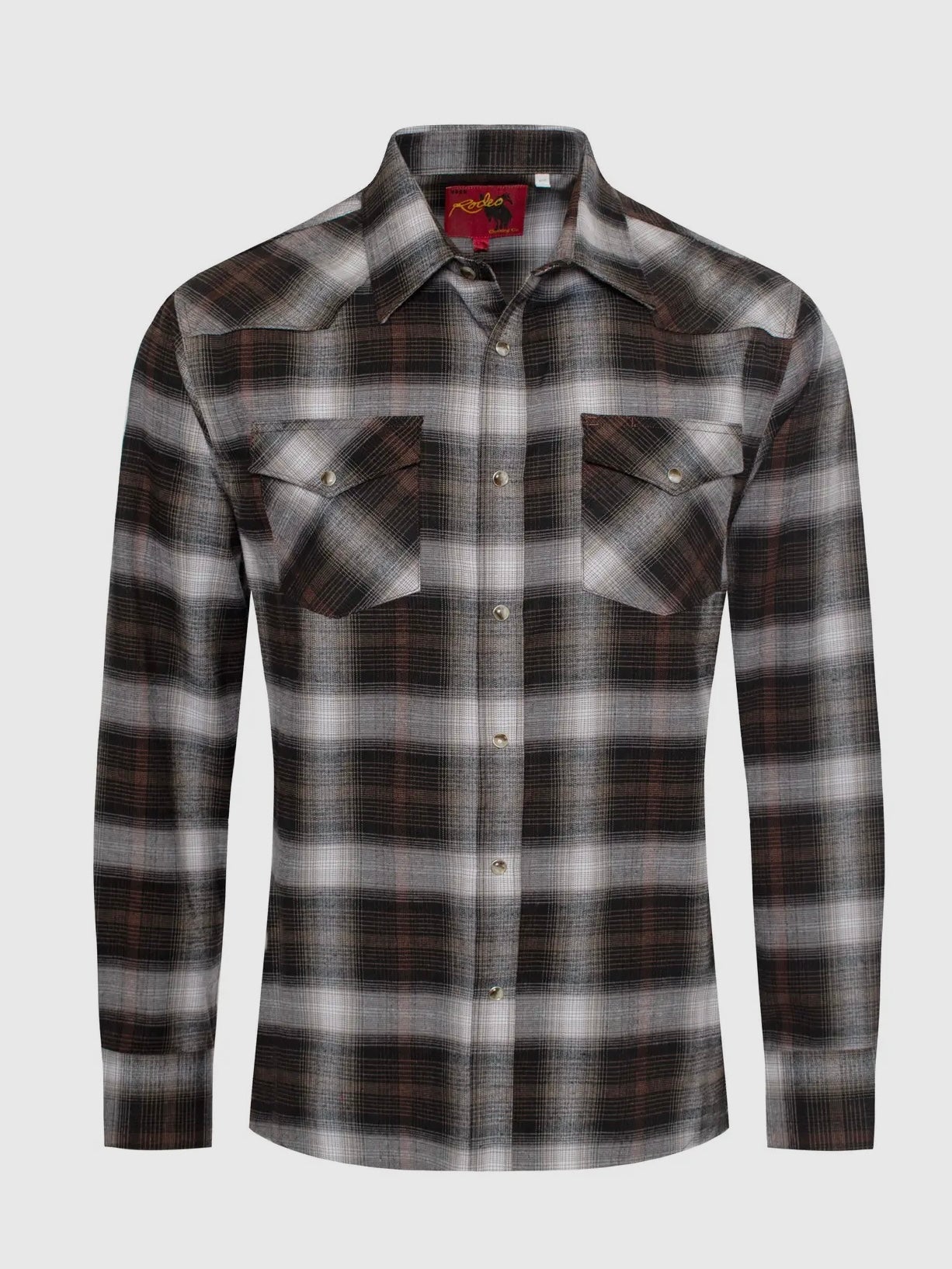 Rustic Rodeo Plaid Long Sleeve Snap Button Shirt (Brown)